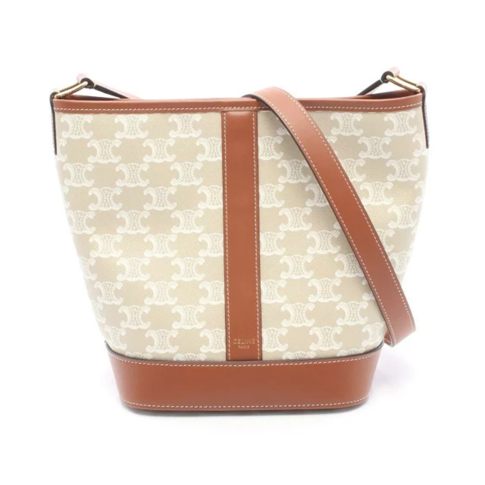 Celine Bucket Triomphe Shoulder Bag Canvas Leather Beige Cream White Brown
